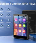 Front and back view of 128GB Bluetooth 5.4 MP3 Player with 2.4 inch touchscreen and multiple function icons displayed.