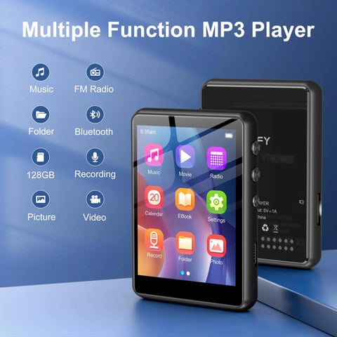 Front and back view of 128GB Bluetooth 5.4 MP3 Player with 2.4 inch touchscreen and multiple function icons displayed.