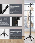 Freestanding Wooden Coat Rack With 8 Hooks, Easy Assembly, 3 Adjustable Heights, No Fuss New Zealand Pine, Sturdy Clothes Tree in Black Finish