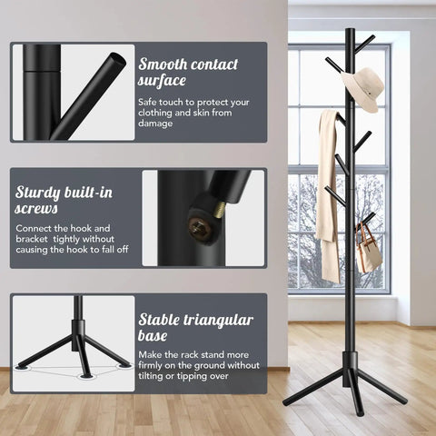 Freestanding Wooden Coat Rack With 8 Hooks, Easy Assembly, 3 Adjustable Heights, No Fuss New Zealand Pine, Sturdy Clothes Tree in Black Finish