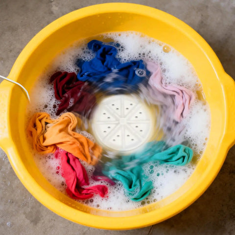 Portable USB Powered Mini Washing Machine For Travel And RV Adventures with colorful clothes spinning in water.
