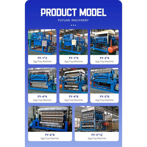 Egg Tray Processing Equipment Auto Pulp Molding Machine models displayed in a catalog by Fuyuan Machinery