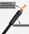 Heavy Duty 1/4 Inch Air Compressor Hose 50 Feet Long with solid brass female quick plug and bend restrictor installed.