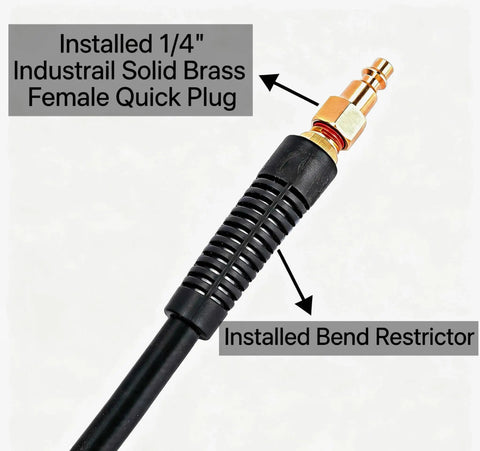Heavy Duty 1/4 Inch Air Compressor Hose 50 Feet Long with solid brass female quick plug and bend restrictor installed.