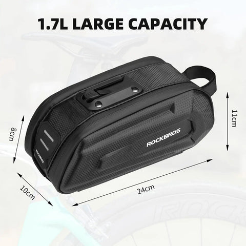 Under Seat Bike Saddle Bag With 3D Hard Shell And Quick Release 1.7L Capacity Silver Reflective Strip For Mountain And Road Bikes With Tons Of Room For Tools Lights Phone Gloves And More, showing bag dimensions.
