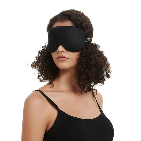 Woman wearing Silk Sleep Mask With Contoured Foam Padding For Light Blocking And No Pressure, Nose Bridge Curve For Ultra Darkness