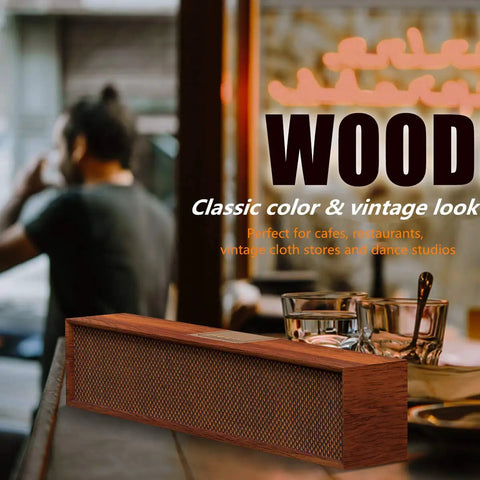 Wooden Wireless Desktop Sound Bar For PC And Monitor 20W Bluetooth 5.3 Speaker with coffee shop background