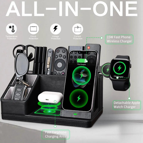 Black Leather Desk Organizer With Built In Charging Station Keeps Your Desk Clean And Charged Features Pen Holder Remote Tray