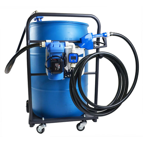 Rock Solid Plug N Play Electric DEF Dispensing System For 55 Gallon Drums with 120V urea pump and digital flow meter on wheeled cart.