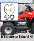ATV next to carburetor rebuild kit showing gaskets, seals for Honda Recon TRX250 1997-2005