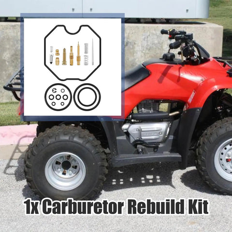 ATV next to carburetor rebuild kit showing gaskets, seals for Honda Recon TRX250 1997-2005