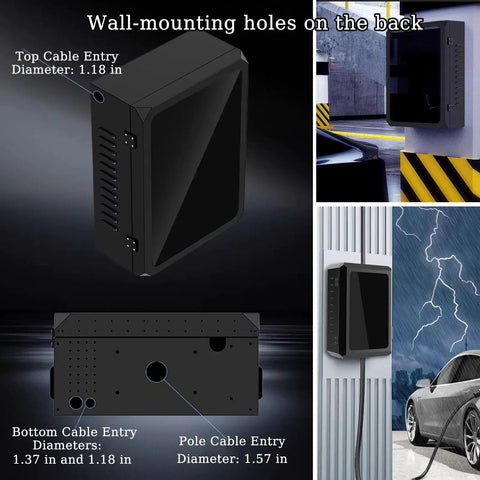 Premium Heavy Duty EV Charger Lock Box showing wall-mounting holes and cable entry diameters for electric vehicle gear.