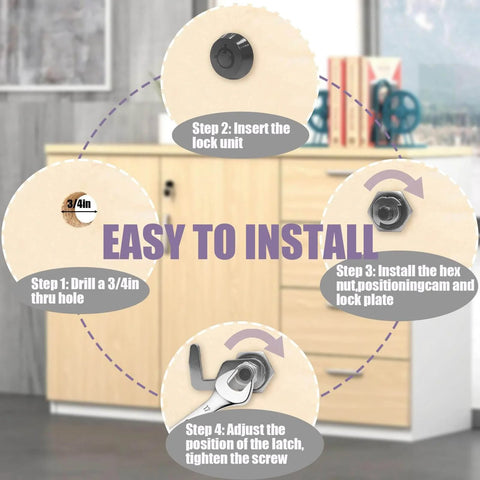 Secure toolboxes and drawers with this one pack of five eighth inch tubular cam locks in zinc alloy, keyed alike for convenience, installation steps shown.