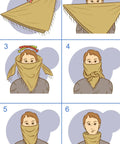 Illustration of tying a Cotton Shemagh Keffiyeh Tactical Desert Scarf Neck Head Wrap with Tassel for Men and Women, steps 1-6.
