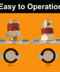 Diagram of Three Pack Brass Wing Style Drain Valve with Wing Nut Handle, showing open and closed positions for air tanks.