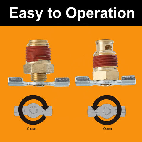 Diagram of Three Pack Brass Wing Style Drain Valve with Wing Nut Handle, showing open and closed positions for air tanks.