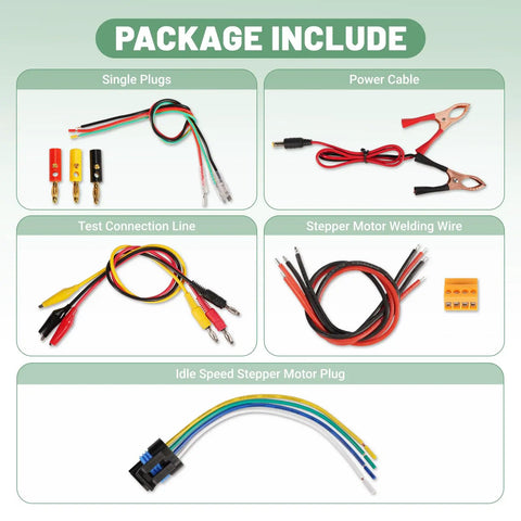 Package contents for Upgraded QDB-5A Ignition Coil Tester with plugs, power cable, test lines, and motor plugs.