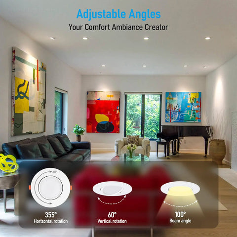 Living room with 6 Inch Gimbal LED Recessed Downlight No Brainer Dimmable 5CCT, showing 355° rotation and adjustable angles