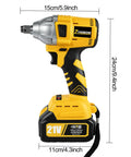 Hella Powerful 21V Cordless Impact Wrench With Dual Lithium Batteries Plus LED Work Light showing side view and dimensions.