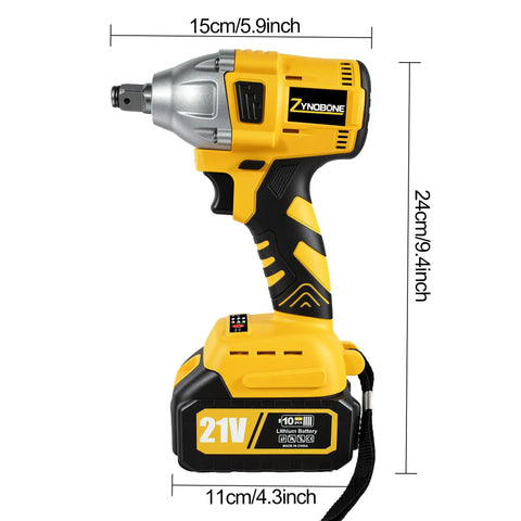 Hella Powerful 21V Cordless Impact Wrench With Dual Lithium Batteries Plus LED Work Light showing side view and dimensions.