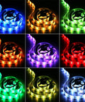 Battery Powered LED Strip Lights With 24 Key Remote showcasing various colors, 6.56ft flexible tape for indoor and outdoor decor.