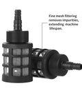 Front view of two 60-mesh stainless steel inline hose filters with check valves for 3/8–1/2 in hoses