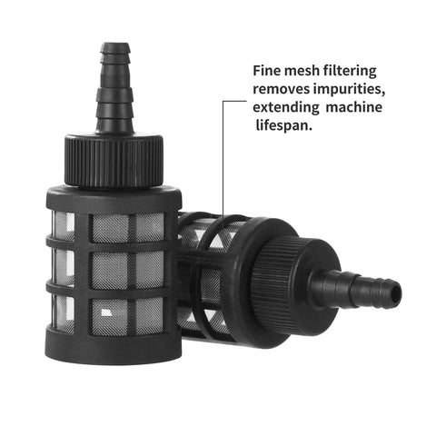 Front view of two 60-mesh stainless steel inline hose filters with check valves for 3/8–1/2 in hoses