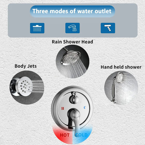 Infographic of 3-Function Shower Diverter Valve With Concealed Brass Pressure Balance Rough-In Valve Trim Kit in Polished Chrome.