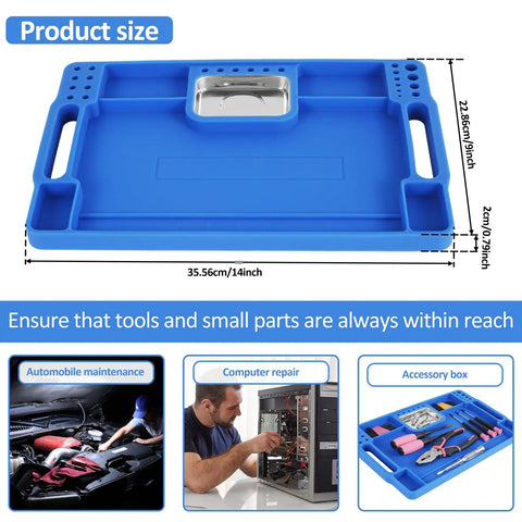 Blue Silicone Tool Tray For Auto Repairs Flexible Magnetic Tool Holder With Small Parts Tray Non Slip Organizer 14 By 9 By 0.79 Inches Deep Durable Car Maintenance Storage For Tools And Tiny Parts
