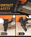 Close-up of Heavy Duty Pneumatic Concrete T Nailer For Truss Building And Hardwood, showing contact safety feature in unlock and lock mode.