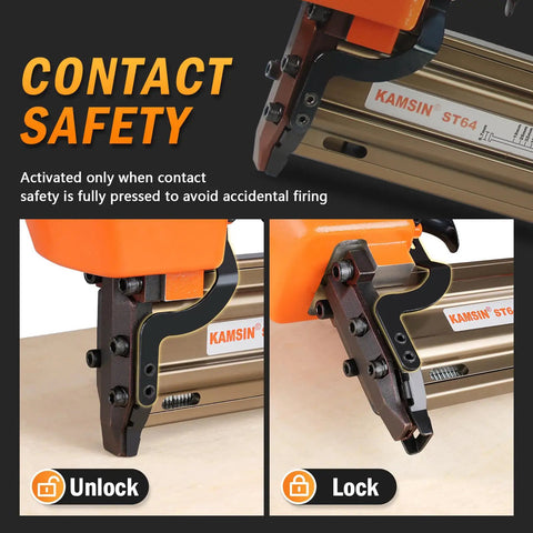 Close-up of Heavy Duty Pneumatic Concrete T Nailer For Truss Building And Hardwood, showing contact safety feature in unlock and lock mode.