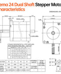 NEMA 24 dual-shaft stepper motor technical drawing with front and side views, showing mounting holes and dimensions.