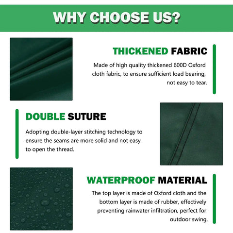 Features of Thick 600D Oxford Swing Seat Cover for Two to Three Seater Patio Swing, highlighting thickened fabric, double suture, and waterproof material