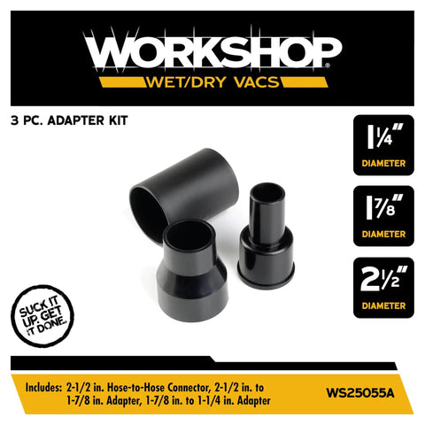Beef Up Your Shop Vac With This Three Piece Wet Dry Vacuum Adapter Kit Includes Two And A Half Inch To One And Seven Eighth Inch Adapter And One And Seven Eighth Inch To One Quarter Inch Adapter With A Hose Connector.