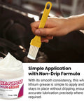 All Purpose White Lithium Grease 3.5 Oz With Two Brushes, Waterproof And Rust Resistant, High Temperature Safe, shown with brush in hand