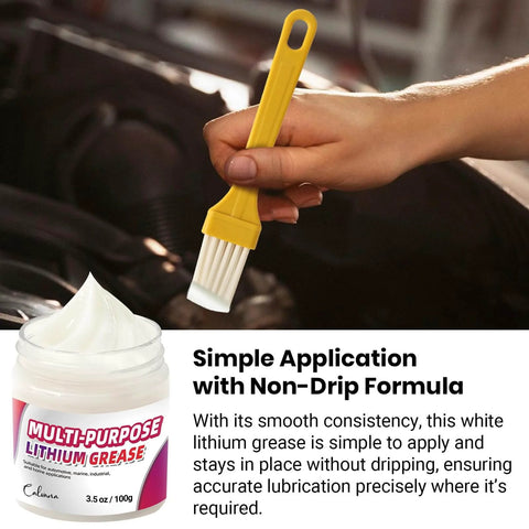 All Purpose White Lithium Grease 3.5 Oz With Two Brushes, Waterproof And Rust Resistant, High Temperature Safe, shown with brush in hand