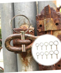 10 Piece Spring Loaded Lynch Pin Set for Zero Turn Mowers and Tractors, Must Have Trailer Hitch Lock Pins, Heavy Duty Zinc Plated Steel Quick Pins Kit for Cars, Trucks, Garden Tractors and More. Spring-loaded pin on rusty gate latch.