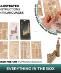 Big Ben 3D Puzzle Kit With 63 Pieces 7.12 Inch Brown Wooden Model Of Parliament Clock Tower DIY Wood Craft, parts and assembled model