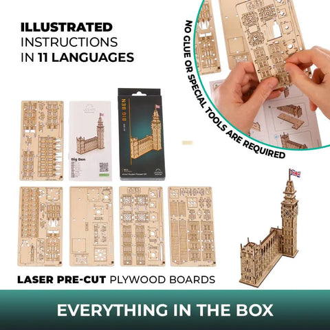 Big Ben 3D Puzzle Kit With 63 Pieces 7.12 Inch Brown Wooden Model Of Parliament Clock Tower DIY Wood Craft, parts and assembled model