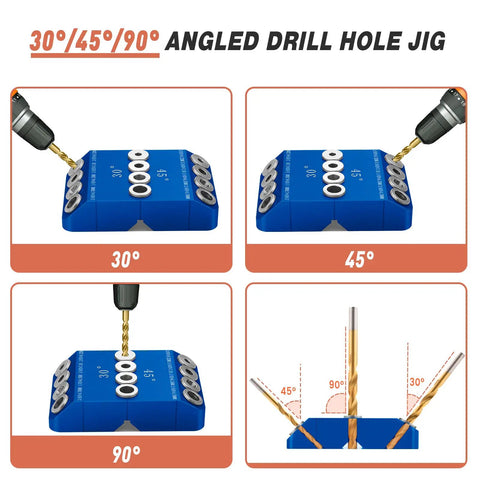 Angled Drill Guide Jig For Cable Railing And Deck Posts With 30 45 90 Degree Holes, All Metal Build, Blue, multi-angle drilling