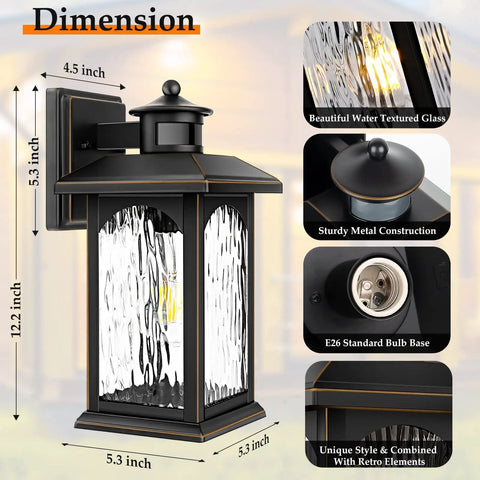 Two Pack Motion Sensor Outdoor Lights With Dusk To Dawn, black lantern wall mount, textured glass, E26 bulb base, size 12.2x5.3 in.