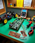 Four Way Remote Control Board For DIY Robotics on a workbench with 27MHz RC Module for car robot projects and model accessories