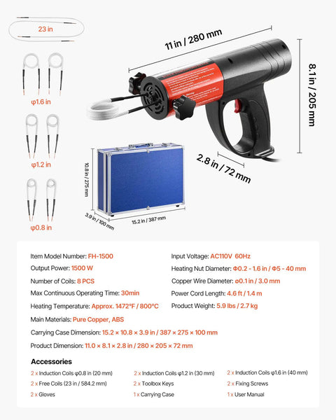 Induction Heater Bolt Removal Kit 1500W 110V Magnetic Induction Heating Tool dimensions and included accessories.