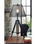 Leolyn Urban Industrial Tripod Table Lamp With Adjustable Height Wire Mesh Shade Black And Brown Finish Modern Desk Or Bedside Light