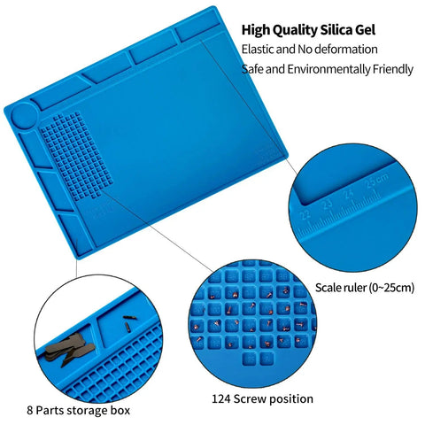 S-130 Heat Resistant Silicone Soldering Mat For Electronics Repair with ruler, 124 screw positions, size 13.8 by 9.8 inch