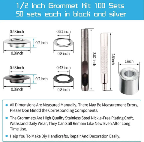 Heavy Duty Grommet Kit One Half Inch Grommets and Eyelets Set 100 Pieces with 3 Leather Punch Tools Stainless Steel Dimensions Chart