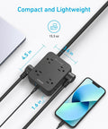 Total Game Changer 11 In 1 Power Strip With Eight Ac Outlets And Rapid Usb C Charging To Keep Every Gadget Running Smoothly Plus Two Usb A Pockets Five Foot Extension Cord And Heavy Duty Surge Guard, shown with dimensions and phone.