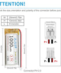 Four Pack 3.7V 1000mAh LiPo Batteries One Cell 1C Rechargeable Lithium Polymer Pack With Dual Protection Board And PH2mm Connector For Electronic Devices And Projects dimensions and connector details.