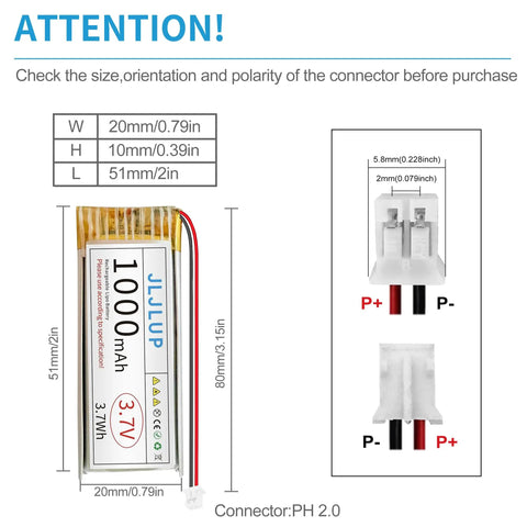 Four Pack 3.7V 1000mAh LiPo Batteries One Cell 1C Rechargeable Lithium Polymer Pack With Dual Protection Board And PH2mm Connector For Electronic Devices And Projects dimensions and connector details.