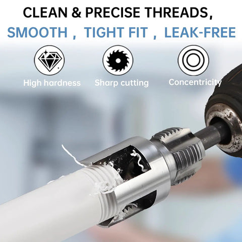 Three Size Pipe Threader Kit For Plumbing Repairs shown threading white PVC pipe with drill attachment, sharp metal threads visible.